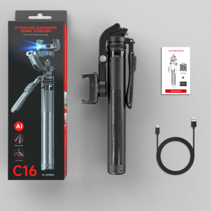 C16 Intelligent AI Face Tracking 360 Rotating Single Axis Gimbal Stabilizer Aluminum Alloy Rod Quadrupod Selfie Stick